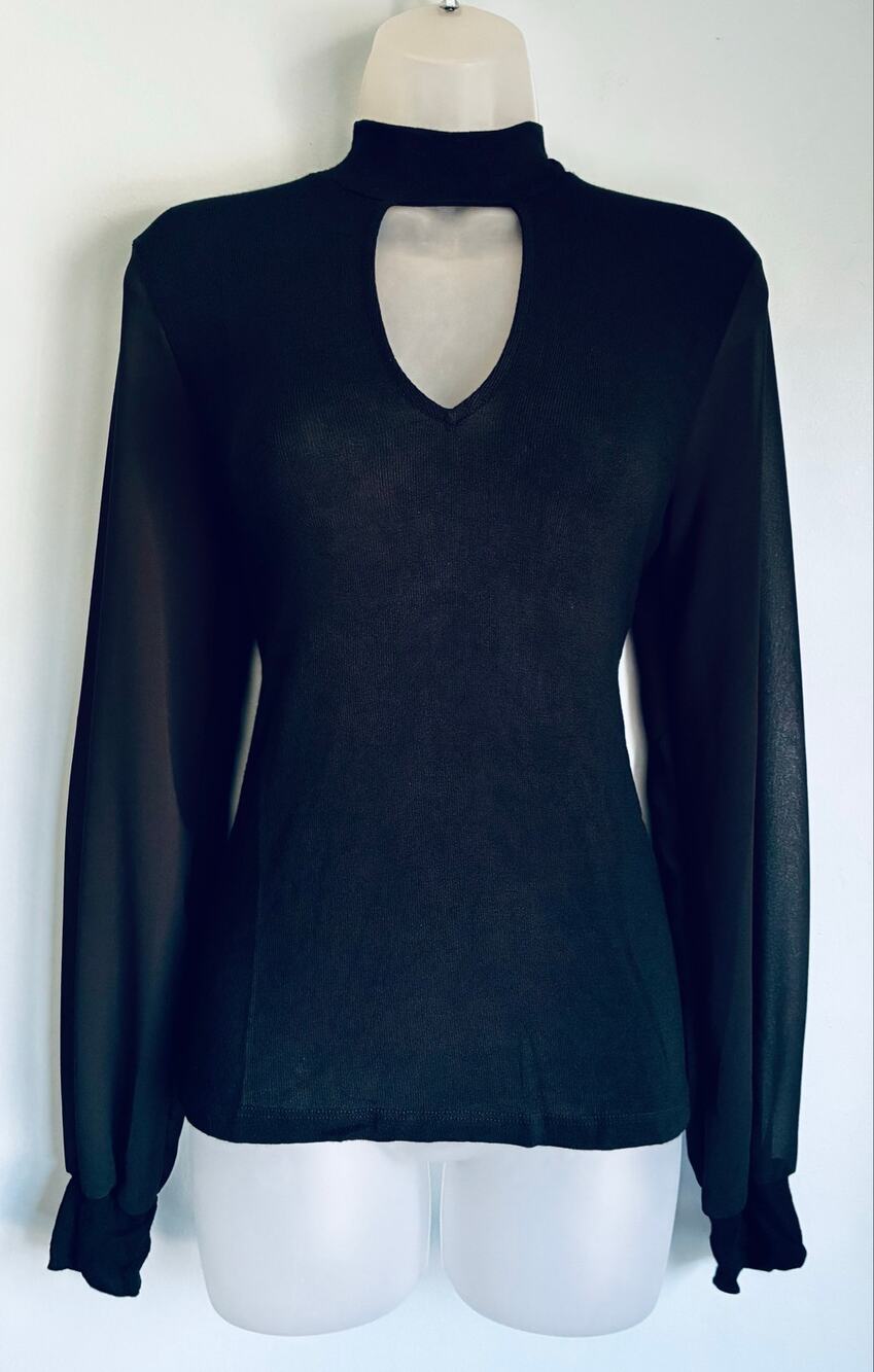 Lulus Black Long Sleeve Top Sheer Sleeves Keyhole V-Neck Modal Medium